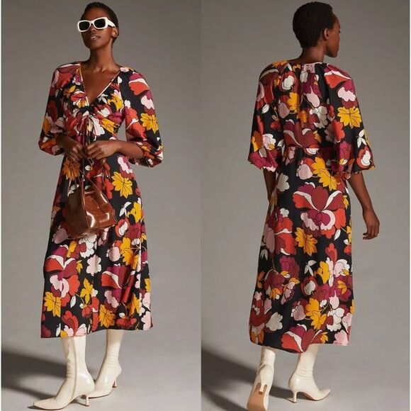 Anthropologie Maeve Deep-V Ruched Midi Floral Dress 3/4 Sleeves Size 0 New - Picture 1 of 13